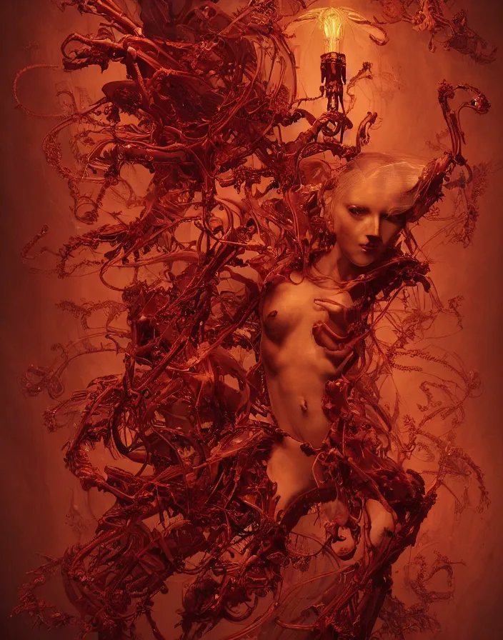 Prompt: red biomechanical wear dress of a demon by Roberto Ferri. beautiful woman. vintage bulb. red plastic. gold baroque elements, human skull, jellyfish, butterfly, phoenix head. burning wax. intricate artwork by Tooth Wu and wlop and beeple and dan mumford and greg rutkowski and nekroxiii. halo. octane render, cinematic, hyper realism, octane render, 8k, depth of field, bokeh. iridescent accents. vibrant. teal and gold and red colour scheme