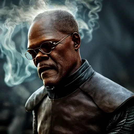 Image similar to a beautiful detailed 3 d matte samuel jackson in game of thrones, ominous, magical realism, texture, intricate, whirling smoke radiant colors, fantasy, volumetric lighting, high details