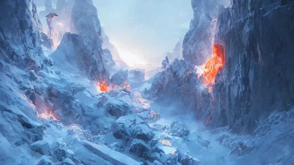 Prompt: in a coldly mountain, covered with snow, d by a crack begin to erupt incandescent magma, dramatic lighting, dynamic lighting, cinematic lighting, lit by morning light, by makoto makoto, krenz cushart and artgerm, anime, featured on artstation, ultrawide angle