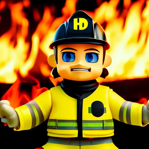 Image similar to dirty heroic firefighter in action as nendoroid in black and yellow uniform, with fire flames and ruined building in background, sharp details, sharp focus, anime, disney, pixar, 8 k, hd, dof, kodak film, volumetric lighting, subsurface scattering, photorealistic, octane render, details