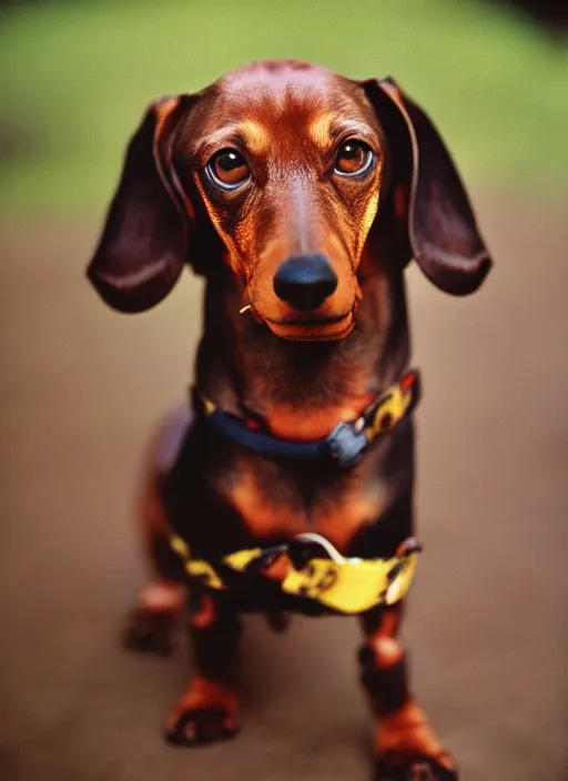 Prompt: Portrait of a dachshund, Leica m6, 85mm, fine-art photography, f/1.8, by Steve McCurry