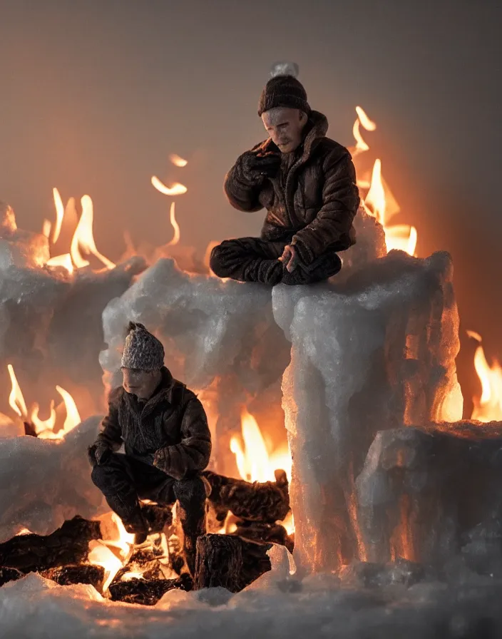 Prompt: mini version of iceman, sitting in a room filled with fire, cinematic, award-winning, 8k, hyperrealistic