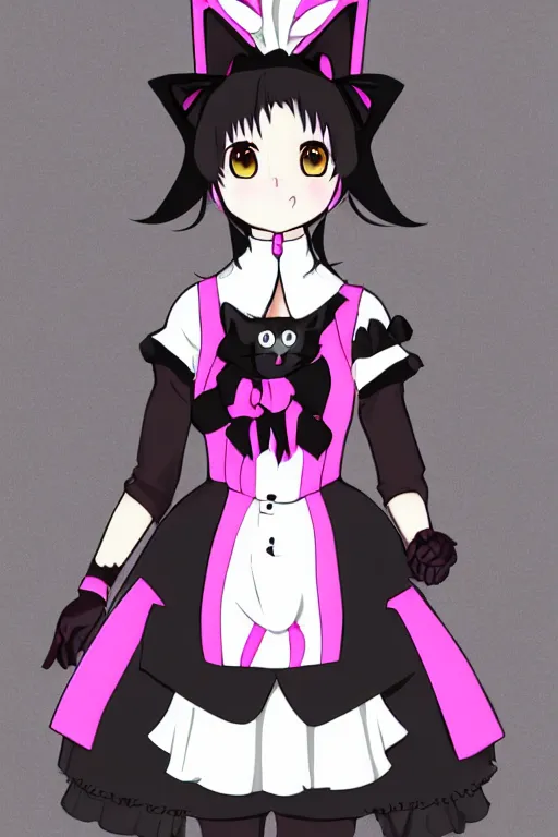 Prompt: Anime anthro cat with black fur, pink hair, and pink eyes in Gothic Lolita maid costume wearing small top hat in the style of Artstation