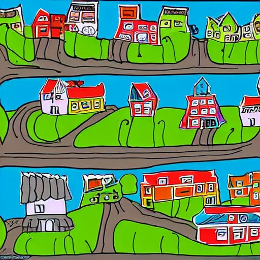 Prompt: buildings, village, town, drawn by dr. suess, colorful