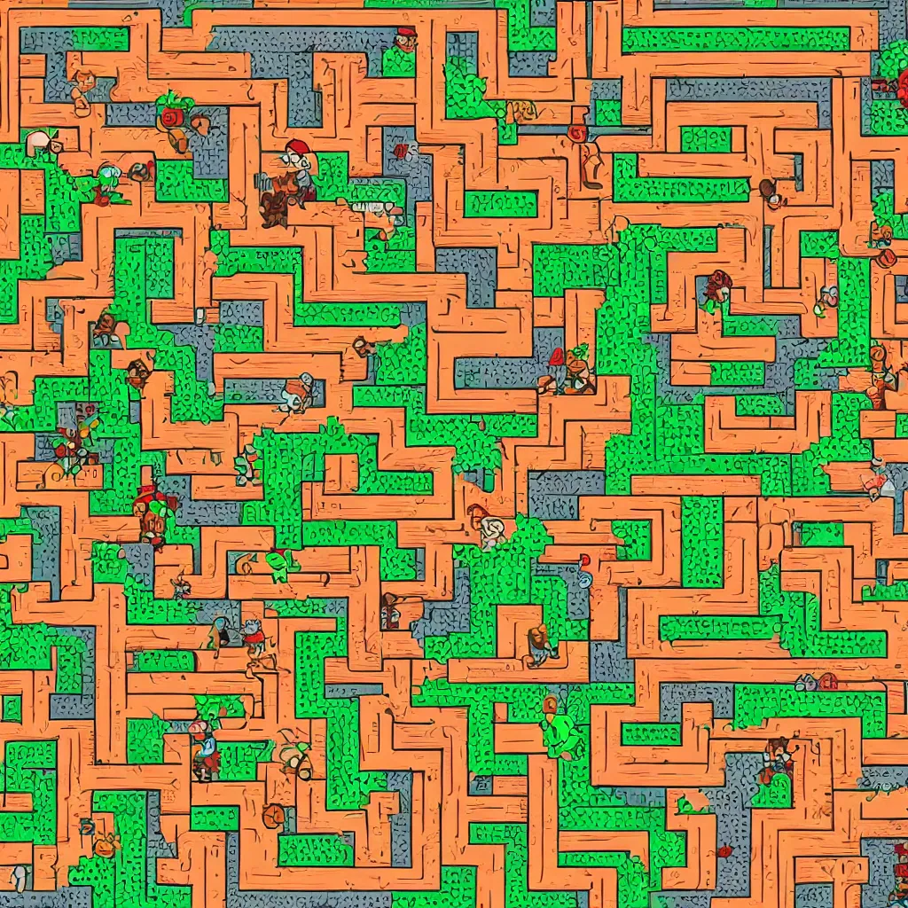 Image similar to wimmelbilder maze made of arcade donkey kong mario ladders, isometric, very sharp