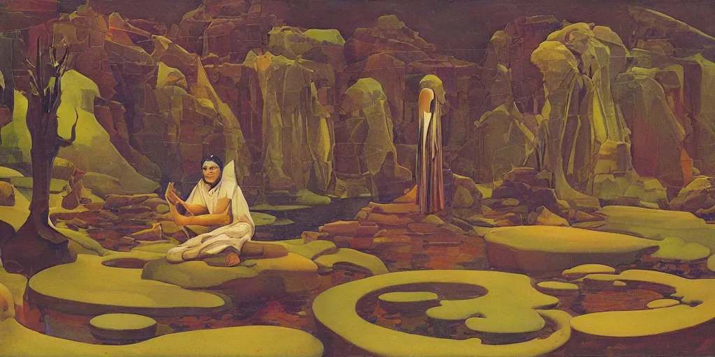 Prompt: a magnificently serene rendering of esoteric ephemera by adolf wolfli, nicholas roerich, jurgen ziewe, judson huss, and roger dean, photo realistic,