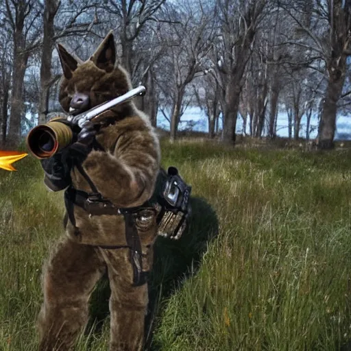 Prompt: a furry holding a rocket launcher in a battlefield, photograph