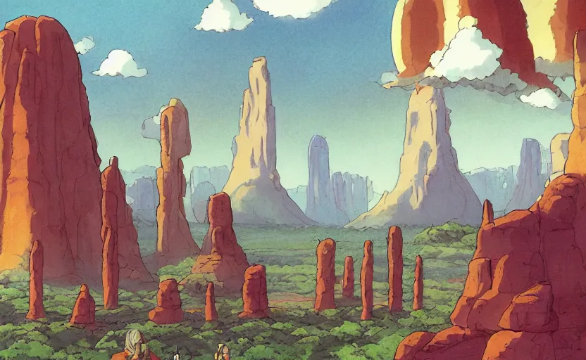 Image similar to a cell - shaded studio ghibli concept art from paprika ( 2 0 0 6 ) of a multi - colored spaceship from close encounters of the third kind ( 1 9 7 7 ) sitting on top of a lush temple that looks like monument valley stonehenge jungle. a caravan is in the foreground. very dull colors, portal, hd, 4 k, hq