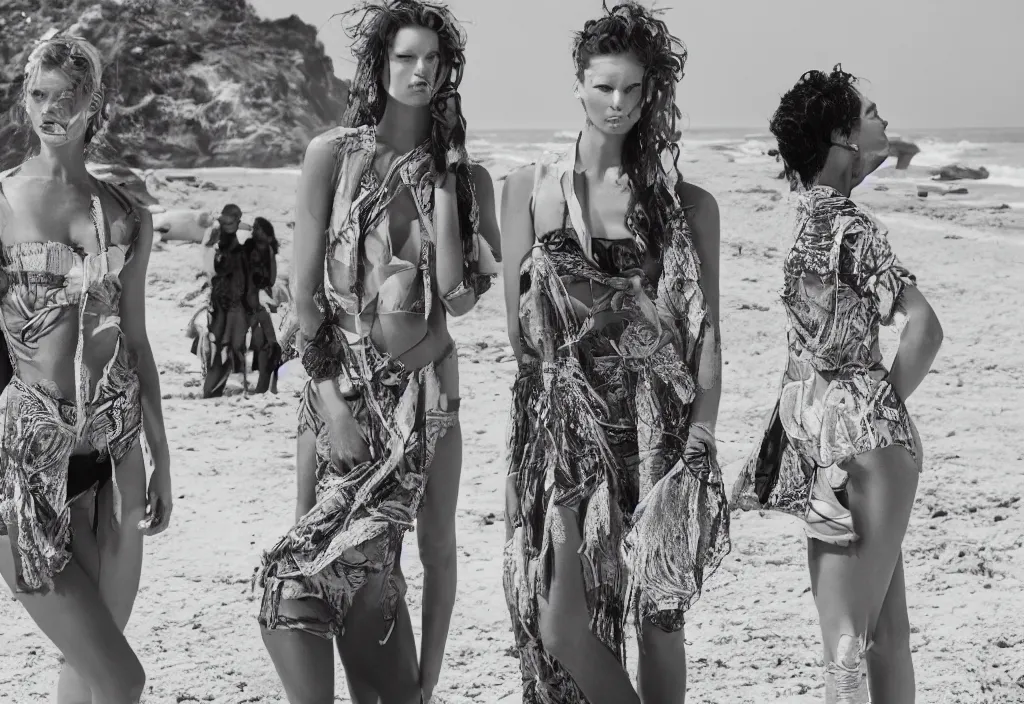 Image similar to fashion editorial in front of tsunami, on the beach.