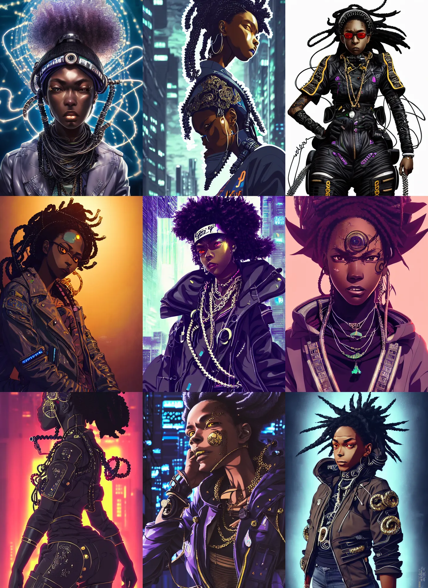 Prompt: by kyoto animation, very cool black woman wearing cyberpunk intricate streetwear, beautiful, detailed portrait, intricate complexity, in the style of kehinde wiley, jojo's bizarre adventure ; steel ball run, cell shaded, 4 k, concept art, pixiv. cinematic dramatic atmosphere, sharp focus, volumetric lighting, cinematic lighting, studio quality