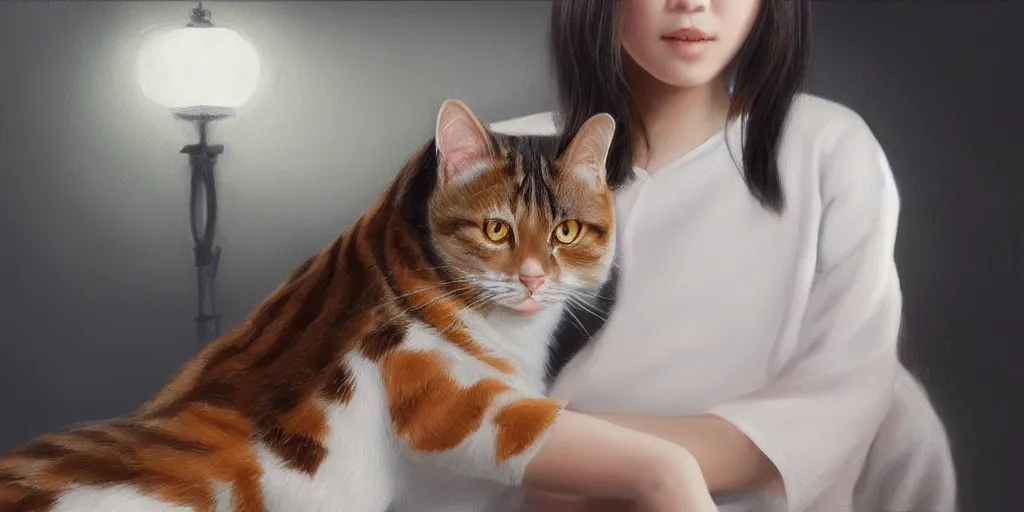 Image similar to a Japanese girl with a brown and white tabby cat , cinematic lighting, detailed oil painting, hyperrealistic, 8k