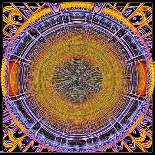 Prompt: beautiful and highly detailed vector art painting of the inside of a dmt hyperspace filled with intricate and perfect patterns surrounded by infinite detailed rooms by moebius and alex grey