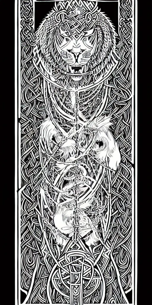 Prompt: a beautiful black and white fractal viking lioness tarot card featuring bold occult imagery with clean lines. detailed adult coloring book