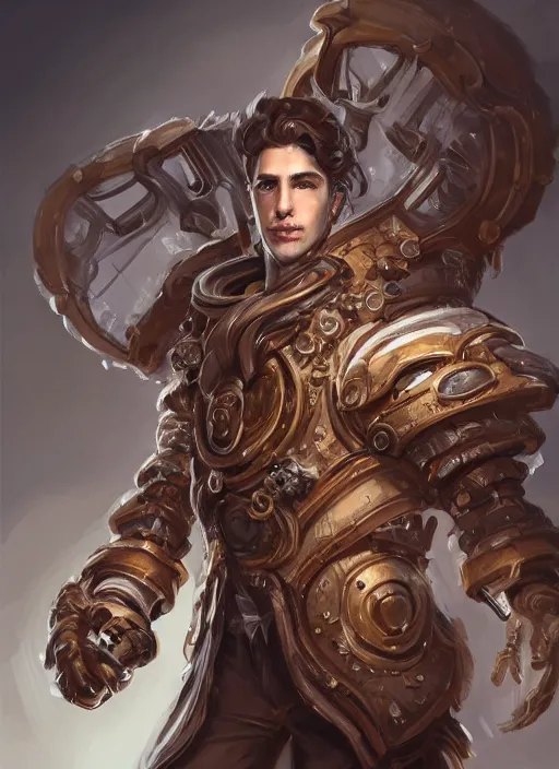 Prompt: a highly detailed illustration of thick wavy brown haired young white guy wearing brown coat and wearing face mask with many mechanical arms on his back, dramatic hands in pocket standing pose, intricate, elegant, highly detailed, centered, digital painting, artstation, concept art, smooth, sharp focus, league of legends concept art, WLOP
