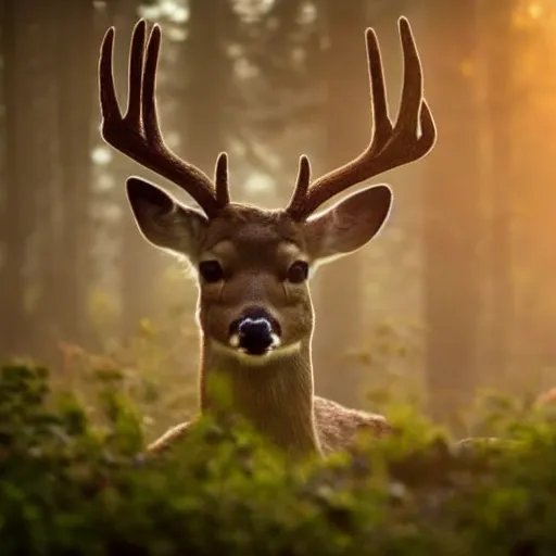 Prompt: a close up of a deer with!!! laser - eyes, background of a landscape misty forest scene, the sun shining through the trees