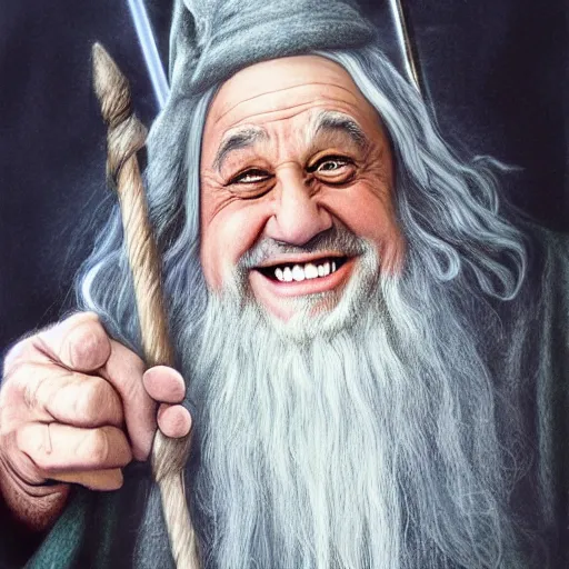 Image similar to danny devito as gandalf, deviantart, smile, ultra realistic illustration, final fantasy, high quality, full color, full body, lotr movies