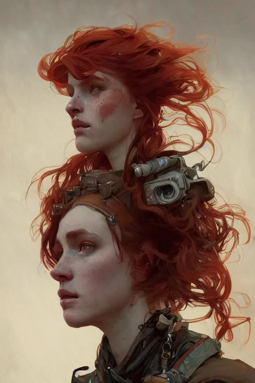 Image similar to A full portrait of a beautiful post apocalyptic red haired, gap toothed, freckled explorer, intricate, elegant, highly detailed, digital painting, artstation, concept art, smooth, sharp focus, illustration, art by Krenz Cushart and Artem Demura and alphonse mucha