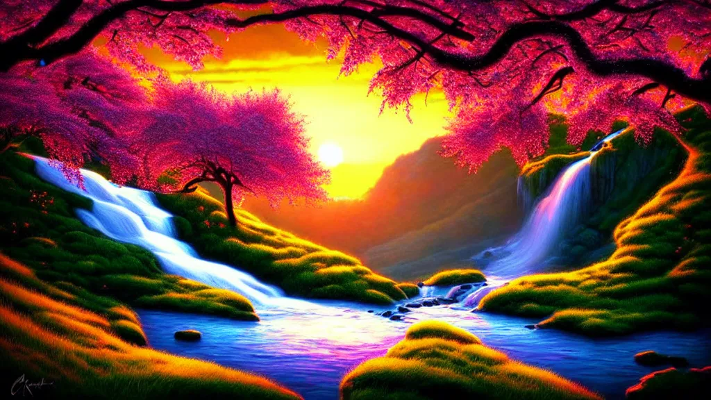 Image similar to featured on artstation cherry tree overlooking valley waterfall sunset beautiful image stylized digital art