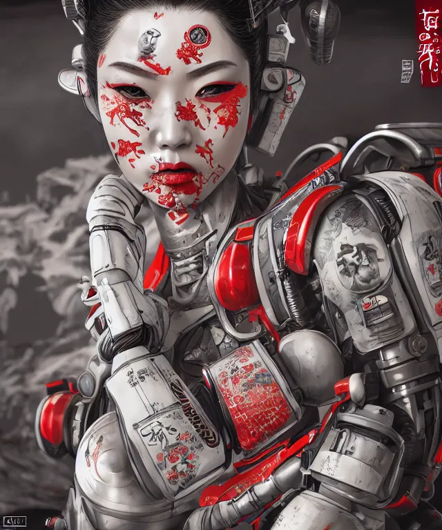 Image similar to an epic fantastic realism comic book style portrait painting of a japanese robotic geisha with kanji tattoos and decals, apex legends, octane render, intricate detail, 4 k hd, unreal engine 5