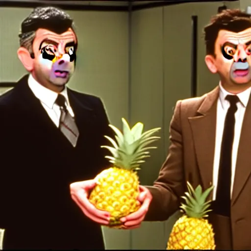 Image similar to rowan atkinson as mr. beans stealing a pineapple from a target store, johnny english, black adder, focused face, realistic photo, uhd