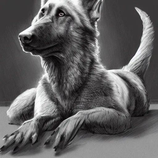 Image similar to a humanoid german shepherd beast - man in military style, sitting on the carpeted floor beside a bed, highly detailed portrait, digital painting, artstation, concept art, smooth, sharp foccus ilustration, artstation