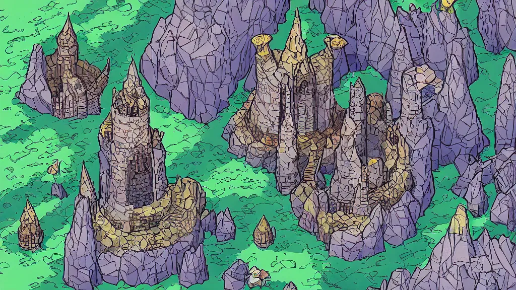 Image similar to Aerial view of a wizard tower surrounded by different kinds of gem mines and ominous caves, lineart, colored