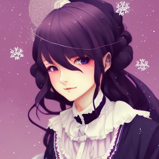 Prompt: wearing full clothing in full clothing victorian dress, beautiful anime woman, purple hair, red eyes, weapon, steampunk, symmetrical face, symmetrical eyes, full round face, short smile, detailed, winter setting, cinematic lighting, medium shot, mid - shot, makoto shinkai, artgerm, ilya kuvshinov, loish