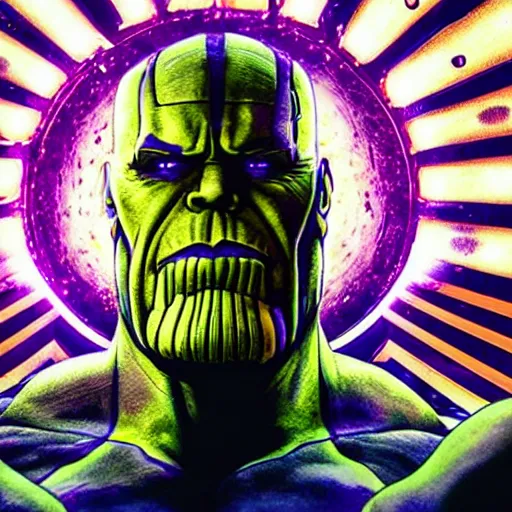 Prompt: photo of Thanos is djing at an underground warehouse rave, he is looking very worried. award winning, atmosphere, coloured lasers and stage lighting, stage smoke, 1x