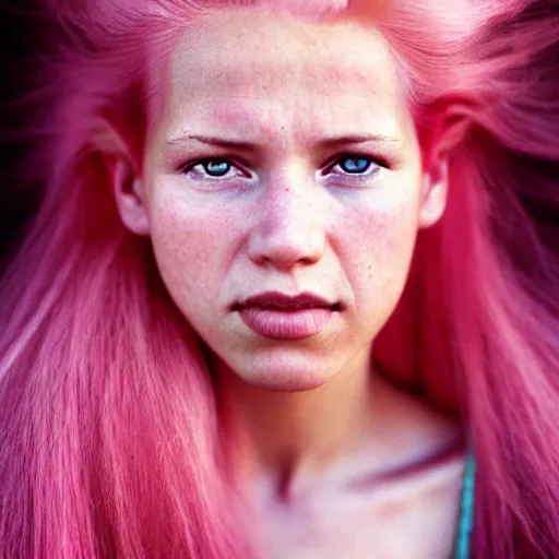 Image similar to a beautiful woman with pink hair and fair skin, portrait photograph, nikon 3 5 mm, photograph by annie leibovitz and steve mccurry,