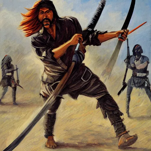 Prompt: machete wielding gurkha, full body view, long flowing hair, deathmatch, glowing eyes, horseback combat attacker foreground, islamic revolution, mongolian invasion of iraq, invading army background, classicism artstyle, sharp brushstrokes