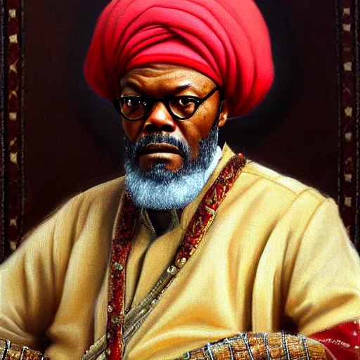 Prompt: Oil Painting of Samuel L. Jackson as Sultan Süleyman, Ottoman Sultan, Ottoman attire, luxury, red Oval Turban, close-up, very detailed facial features, by Osman Hamdi Bey