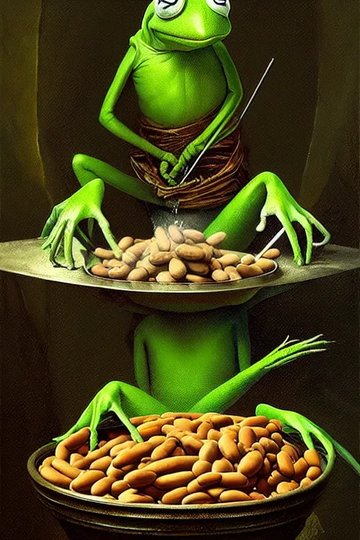 Prompt: hieronymus bosch, greg rutkowski, anna podedworna, painting of kermit the frog eating beans