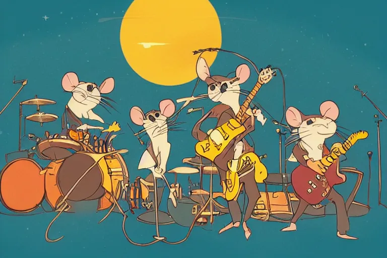 Image similar to rats playing in a rock band inspired by the beatles, art style by disney, studio ghibli, pixar, intricated, beautiful, dreamlike, 7 0 s pallete, high quality, trending on artstation