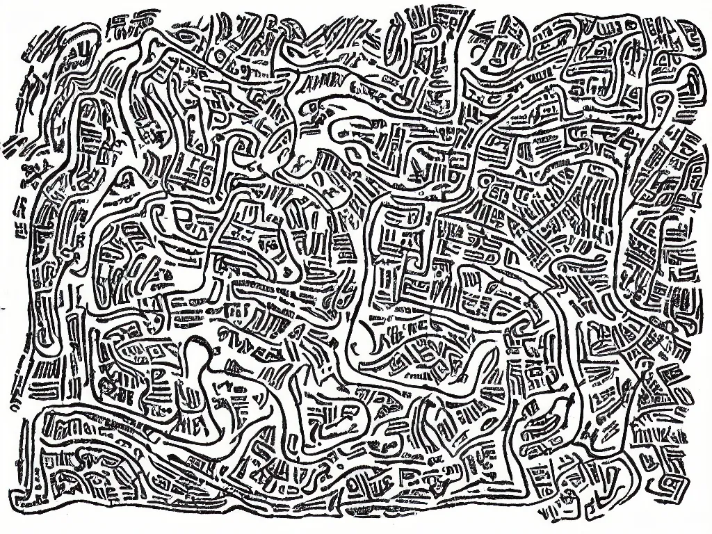 Image similar to Cave map full of old runic glyphs, Ink drawing, fine point pen, Deven Rue