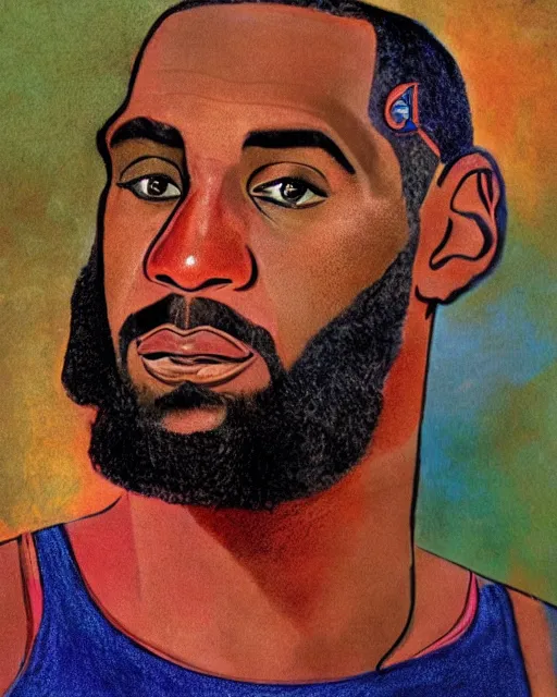 Prompt: a portrait of a 1 9 6 0 s hippie looking like lebron james