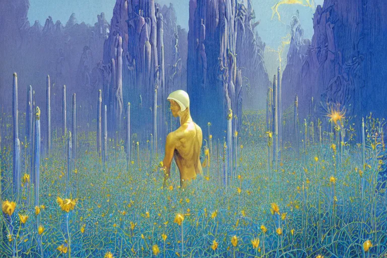 Prompt: evangelionic illustration, a lot of exotic deep blue vegetation, tall thin lavender trees, tremendous pleasure, gold iridescent flowers, oldschool vintage sci - fi flat surreal design, super - detailed, digital oil painting by moebius, hd, 4 k, high quality