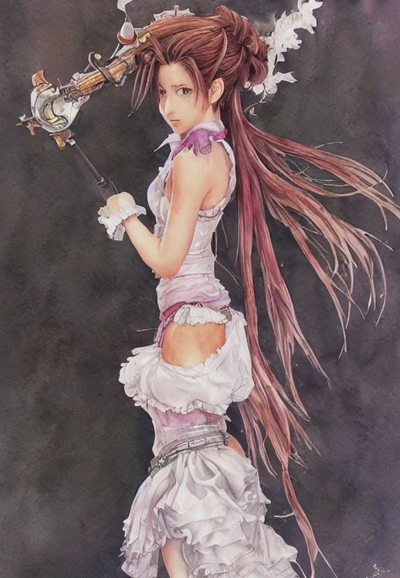 Image similar to a full-body watercolor painting of Aerith Gainsborough by Yoshitaka Amano, highly detailed, intricate, trending on artstation, award-winning