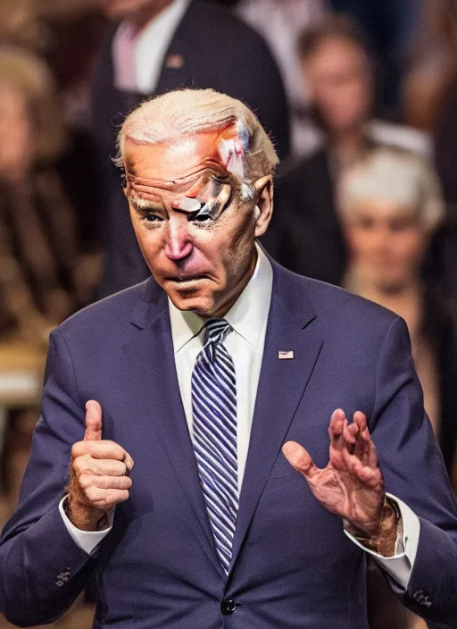 Prompt: biden as thrump, full body shot, set pieces, intricate set, vogue magazine, canon, highly realistic. high resolution. highly detailed. dramatic. 8 k. 4 k.