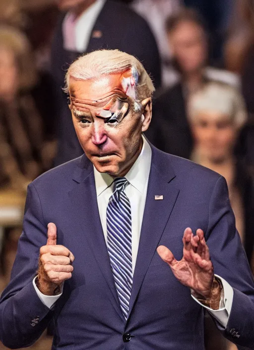 Image similar to biden as thrump, full body shot, set pieces, intricate set, vogue magazine, canon, highly realistic. high resolution. highly detailed. dramatic. 8 k. 4 k.