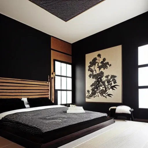 Image similar to bedroom, stone, interior design, stylish luxury hotel bedroom design, yakisugi, black vertical slatted timber, textures, feminine, black walls, art, Japanese pottery vase with flowers, kakejiku, seasonal, Japanese influences