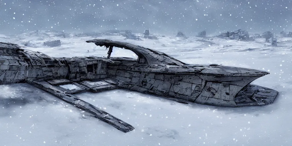 Prompt: remnants of an old spaceship in snow, artstation