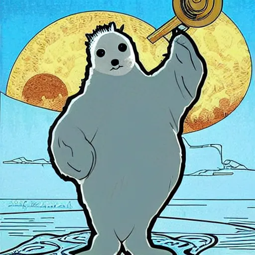 Image similar to baby harp seal, moon rise, illustration, pop art, splash painting, art by geof darrow, ashley wood, alphonse mucha