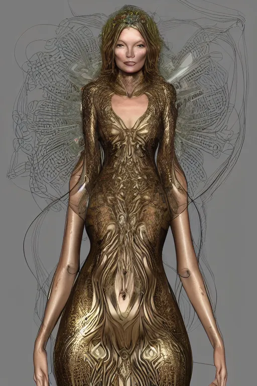 Prompt: a realistic portrait of a beautiful ancient alien woman goddess kate moss standing in iris van herpen dress jewelery and fractals in style of alphonse mucha art nuvo dmt trending on artstation made in unreal engine 4