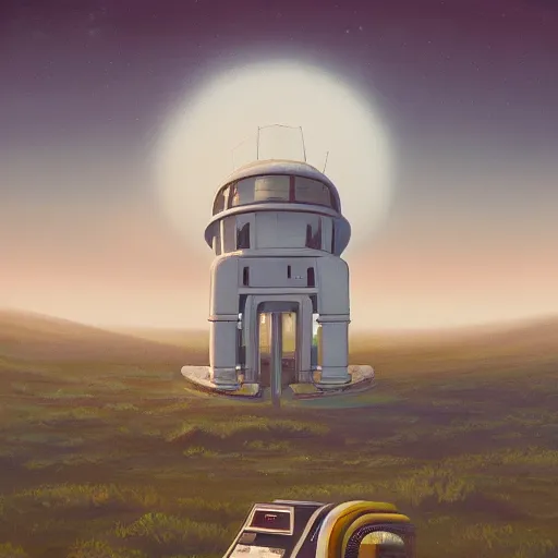 Prompt: beautiful painting of a white observatory in the cloudy dreams of a mainframe in the style of Simon Stålenhag and H. R. Giger, detailed, trending on Artstation