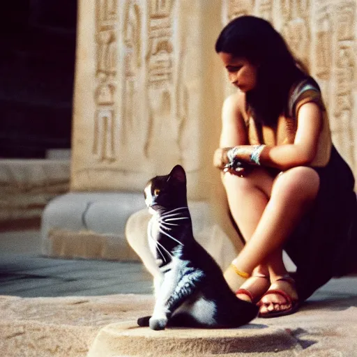 Prompt: hd photo of the egyptian goddess bast in modern cairo. goddess with a cat's head. high - quality candid photography, cinestill 5 0 0