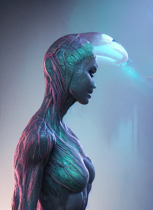 Image similar to alien woman, lake, clothes made out of veins, rgb, cables everywhere, bedroom, ultra realistic, concept art, intricate details, highly detailed, photorealistic, octane render, 8 k