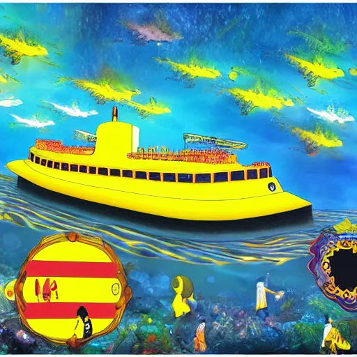 Image similar to The Beatles Yellow Submarine, hyper realistic, HD, HQ, photo realistic