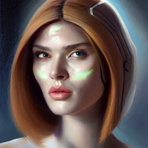 Image similar to portrait of woman with a large dueling scar from a knife across her cheek and lips wearing futurist spacesuit, Alexandria's genesis, chin-length hair, bored, illustration, soft lighting, soft details, hyper realism, high detailed, painting oil on canvas by mark arian by artgerm, trending on artstation, 4k, 8k, HD