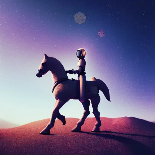 Prompt: photography of anthropomorphic horse riding on top of an astronaut horse back. from western by hiroyuki okiura and katsuhiro otomo and alejandro hodorovski style with many details by mike winkelmann and vincent di fate in sci - fi style. volumetric natural light photo on dsmc 3 system,