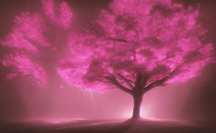 Prompt: a tree made of spiritual pink light painted by thomas cole